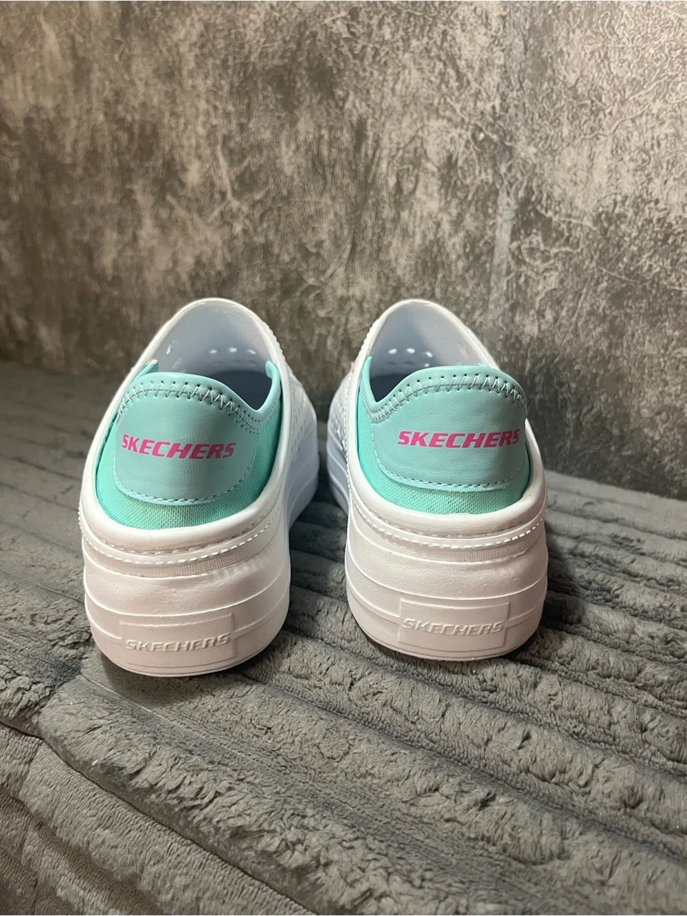 Sketchers Kids White Slip-On Platform Shoes with Mint Lining and Fun Charms